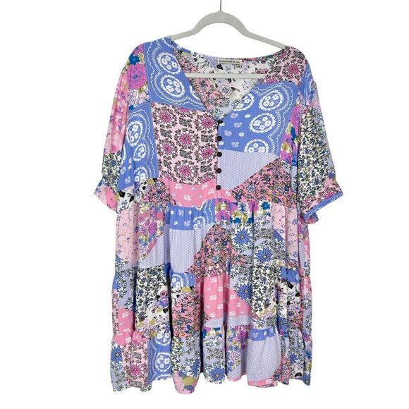 Rusttydustty Dress 3XL Purple V-Neck Short Sleeve Tiered Floral Mini Patchwork - Picture 2 of 15